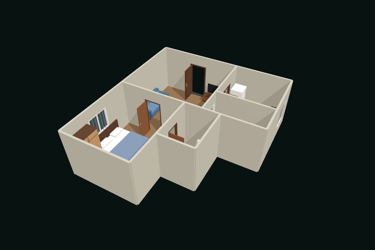 1BHK flat in 3D with furniture, seen from above at an angle