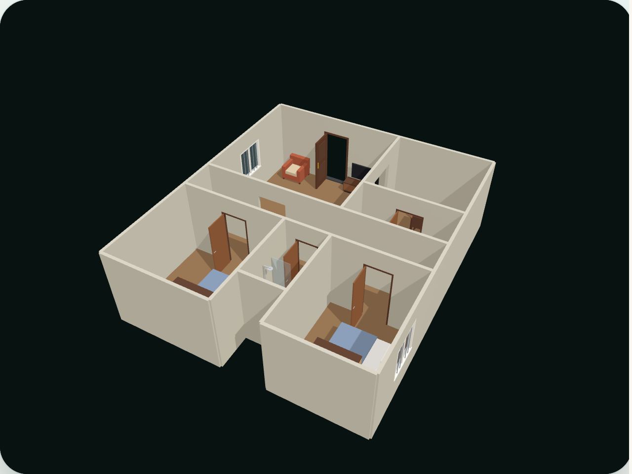 2BHK flat in 3D with furniture, seen from above at an angle