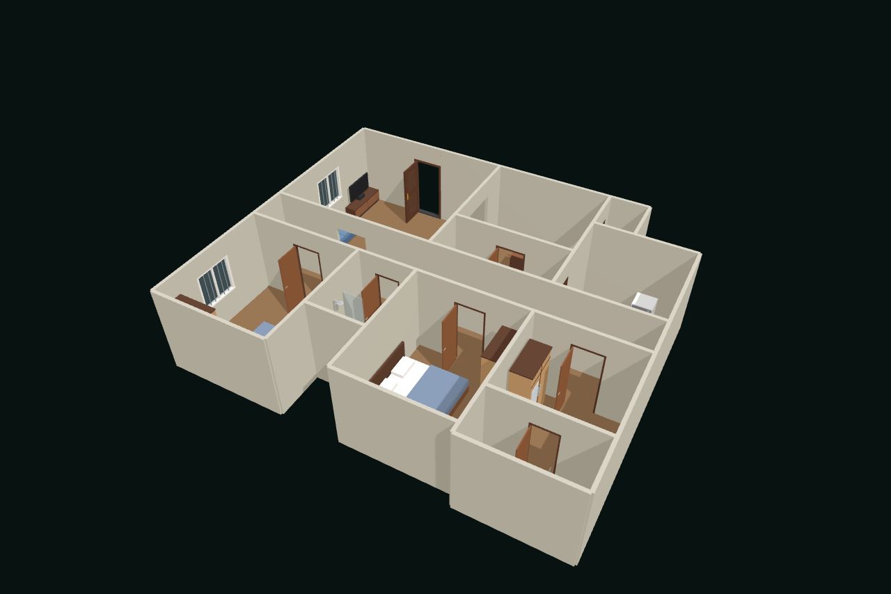 3BHK flat in 3D with furniture, seen from above at an angle