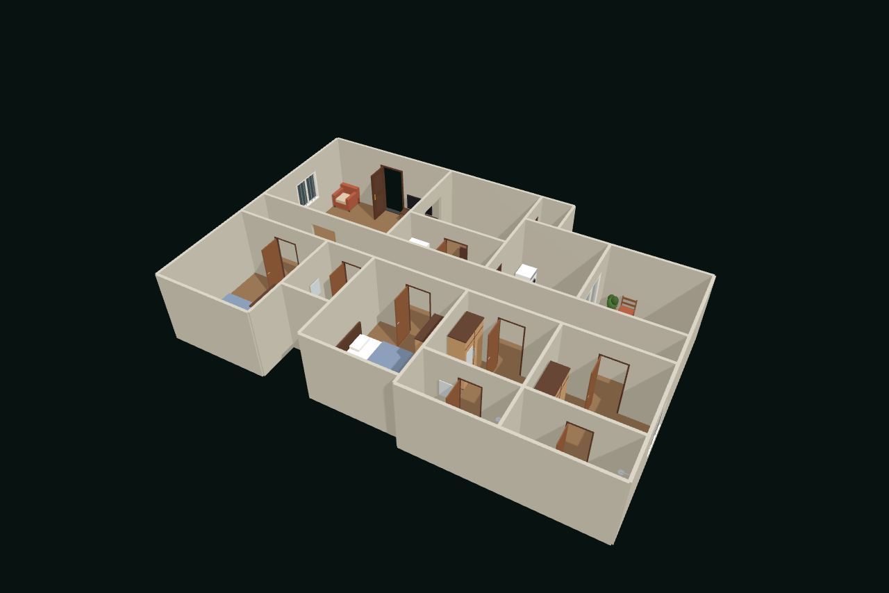 4BHK flat in 3D with furniture, seen from above at an angle