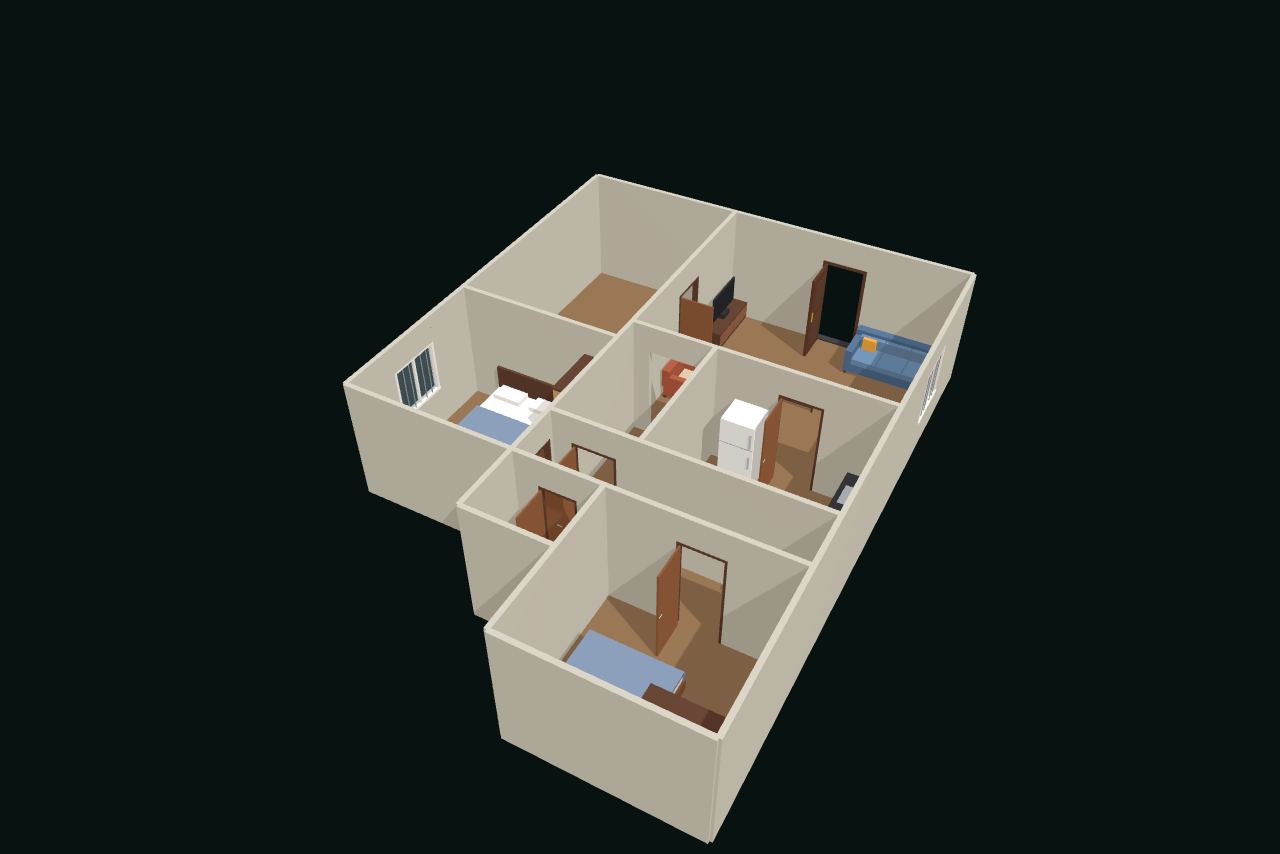 Independent house in 3D with furniture, seen from above at an angle
