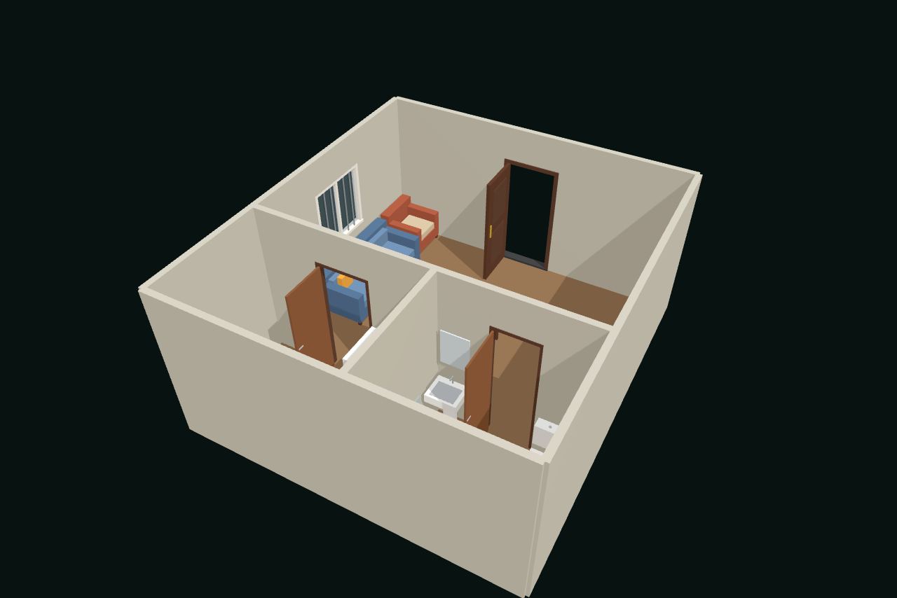 Studio apartment in 3D with furniture, seen from above at an angle